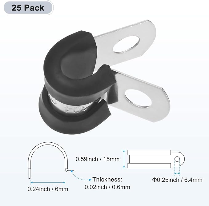 25-Pack Cable Clamps, 15/64 Inch/ 6 mm 304 Stainless Steel Rubber Cushioned Insulated Cable Clamp R Shape Metal Holder for Tube/Wire/Pipe/Loop Installation