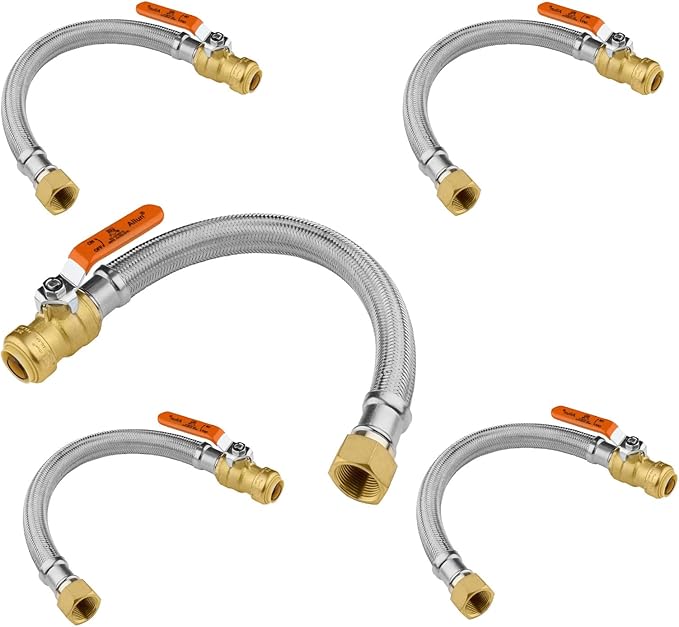 (5 Pack) Seelink 15-Inch Stainless Steel Flexible Heater Hose, 3/4 Inch Push-fit Ball Valve x 3/4 Inch FIP, Push-to-Connect for Copper, PEX, and CPVC