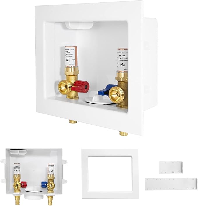 5-PACK GUOFIS Washing Machine Outlet Box with Copper Water Hammer Arrestor,PEX Laundry Washer Box with Central and Side Drain(1/2"PEX-A Expansion Connection Inlet X 3/4"MHT Outlet)(WM013-5Pack)