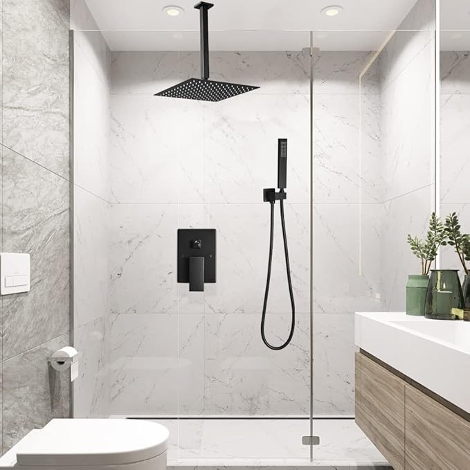 Matte Black Shower System Bathroom 16 Inch Rain Shower Head Ceiling Mount with Handheld Luxury High Pressure Shower Combo Set Shower Faucet Rough-in Valve Body and Trim Kit