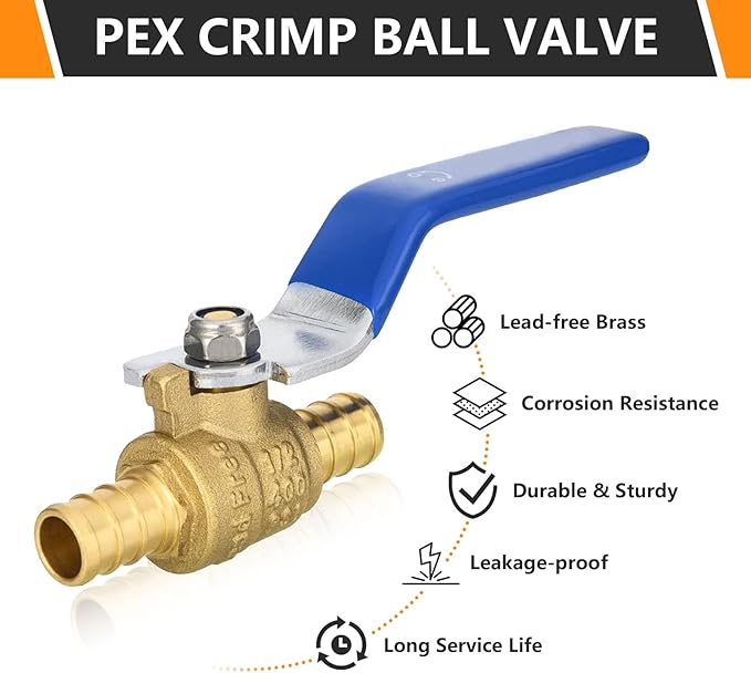 HeSun 20-PCs PEX Ball Valves, 3/4-Inch Brass Crimp Pex Valve for Hot and Cold Water, 1/4 Turn Full Port Shut-off Valve, ASTM F1807, Blue
