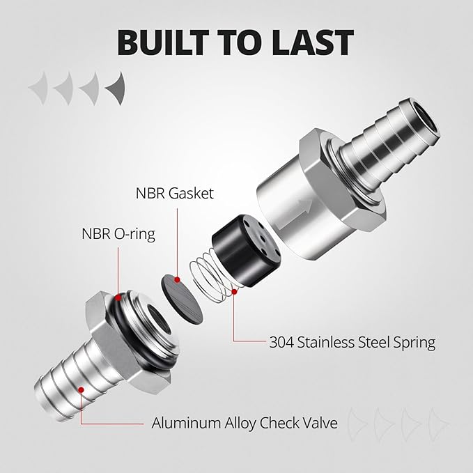 EVIL ENERGY 3/8" (10mm) Check Valve, 3 Pcs Aluminum One Way Fuel Check Valve for Gasoline, Diesel & Coolant with Universal Hose Clamps, Silver