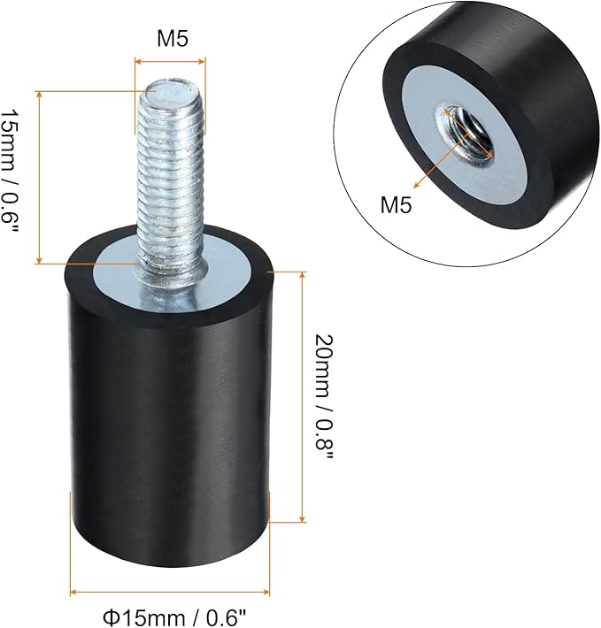 uxcell 4pcs M5x15mm Rubber Isolator Mounts with Studs 15x20mm Male Female Vibration Shock Absorber Zinc Plated Cylindrical Thread Mounts Anti Vibration Isolators with 4pcs M5 Lock Nuts