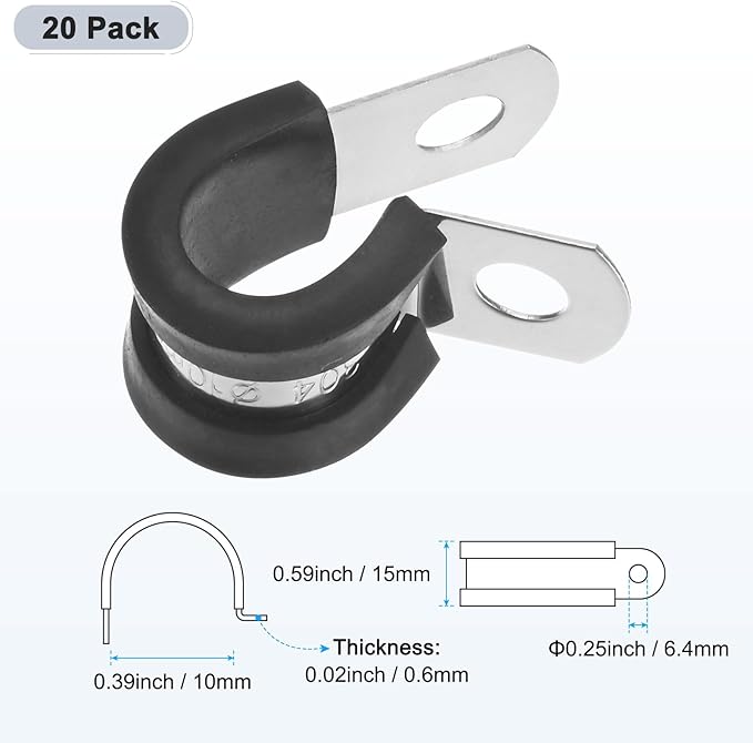 20-Pack Cable Clamps, 25/64 Inch/ 10 mm 304 Stainless Steel Rubber Cushioned Insulated Cable Clamp R Shape Metal Holder for Tube/Wire/Pipe/Loop Installation
