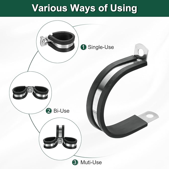 uxcell 1-5/8"(40mm) Cable Clamp, 304 Stainless Steel Rubber Cushioned Insulated R Shape Metal Clamp Tube Holder for Pipe Hose Wire Cord Installation 15Pcs