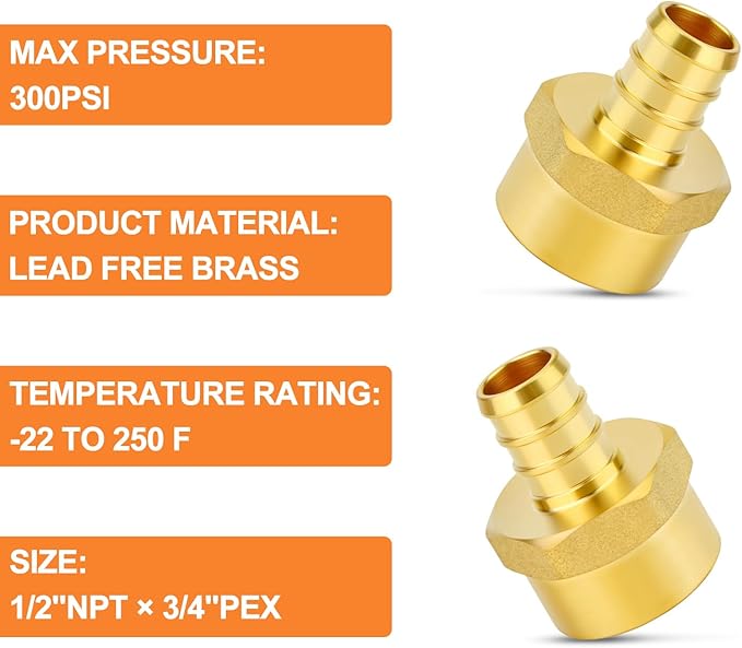 GASHER 2Pcs No Lead Brass 3/4" Pex Female Adapter, 1/2" Female NPT to 3/4" PEX Adapter for Pex Tubing