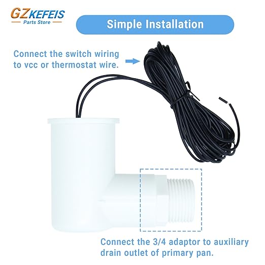 SS2 Float Switch L Shape, Compatible with Safe-T-Switch for HVAC Drain Pan Condensate Outlet, AC Water Level Switch with 3/4 Inch Adapter and 6Ft Wire (1, White)