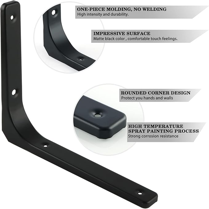 SAYAYO Metal Shelf Brackets, 8 x 6 Inch Heavy Duty L Angle Brackets Shelf Hardware Decorative Wall Hanging Supports for Floating Storage Shelf, 4 PCS Matte Black