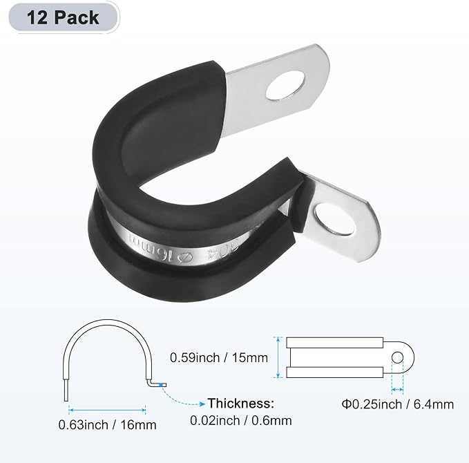 12-Pack Cable Clamps, 5/8 Inch/ 16 mm 304 Stainless Steel Rubber Cushioned Insulated Cable Clamp R Shape Metal Holder for Tube/Wire/Pipe/Loop Installation