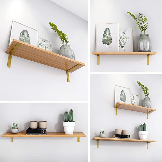 Gold Heavy Duty Shelf Brackets 12 Inch, Extra Thick L Shelving Brackets, Rustic Gold Iron Floating Shelves Wall Mounted with Hardware for DIY Open Shelving, 4 Pack