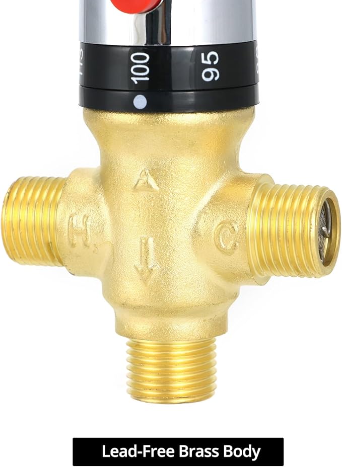 QWORK Thermostatic Mixing Valve, 2 Pack Solid Brass Pipe Water Valve with Temperature Control - 1/2 NPT Male Connections - Includes 3 Adapters, Suitable for Wash Basins, Showers, Kitchens