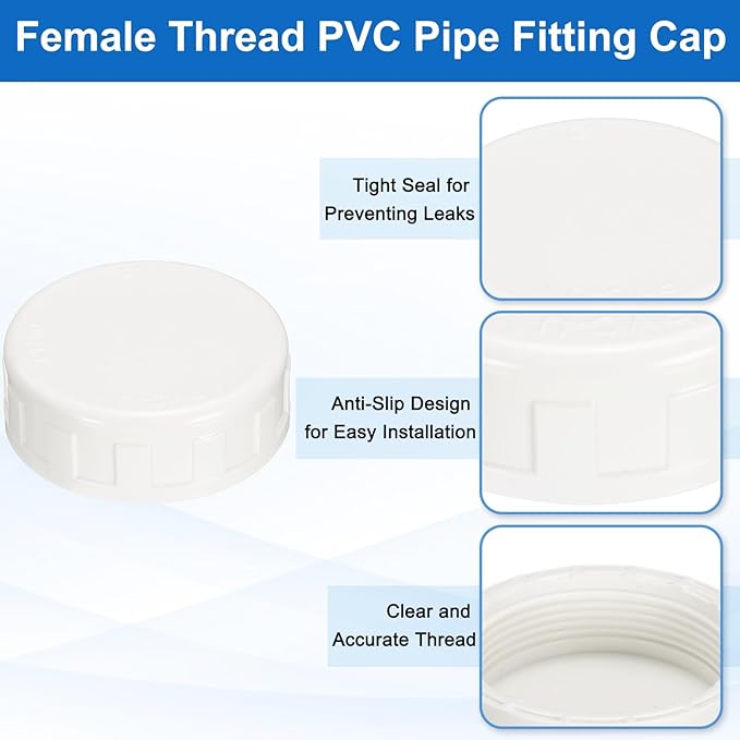 uxcell 5Pcs 2 Inch PT Female Thread PVC Pipe Fitting Cap, Cleanout Water Drain End Caps, Pipe Plug Socket Fittings with Gasket for Water Heater Supply Lines, Plumbing, White