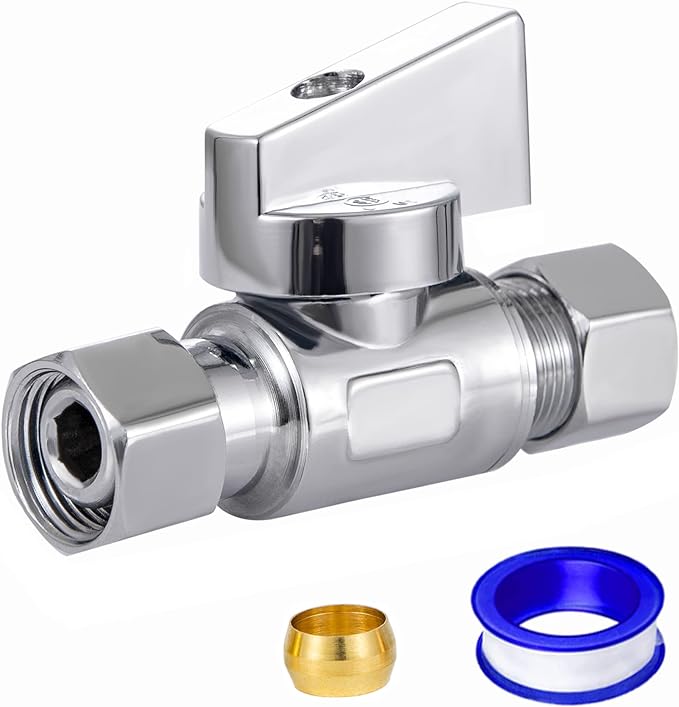 1 Pack Lead-Free Brass Angle Stop Valve 3/8" Comp FIP x 3/8 Inch Compression MIP Quarter Turn Water Straight Valve Chrome For Kitchen,Bathroom Faucet