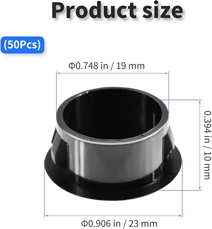 50 Pcs OD 0.748"(19mm) Black Hole Knockout Locking Plugs,Plastic Nylon Round Drilling Hole Plugs,Flush Type Panel Round Snap in Fastener,Tube Fastener Cover for Furniture Insert End Caps