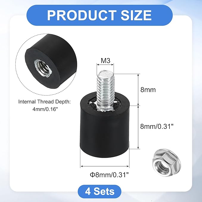 uxcell M3 Rubber Mounts, 4Pcs 8x8mm(DxH) Rubber Cylindrical Anti Vibration Isolator Shock Absorber with Lock Nuts for Car Bobbin Generator Air Compressors