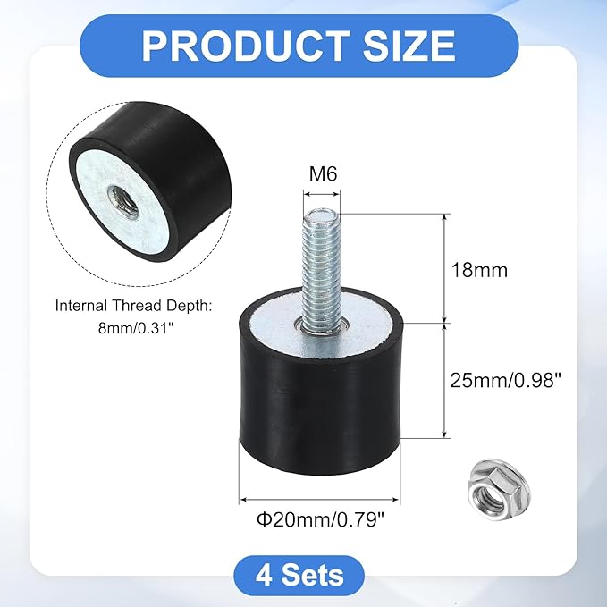 uxcell M6 Rubber Mounts, 4Pcs 24x20mm(DxH) Rubber Cylindrical Anti Vibration Isolator Shock Absorber with Lock Nut for Car Bobbin Generator Air Compressors