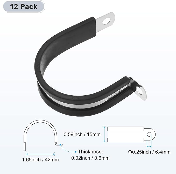 12-Pack Cable Clamps, 1-5/8 Inch/ 42 mm 304 Stainless Steel Rubber Cushioned Insulated Cable Clamp R Shape Metal Holder for Tube/Wire/Pipe/Loop Installation