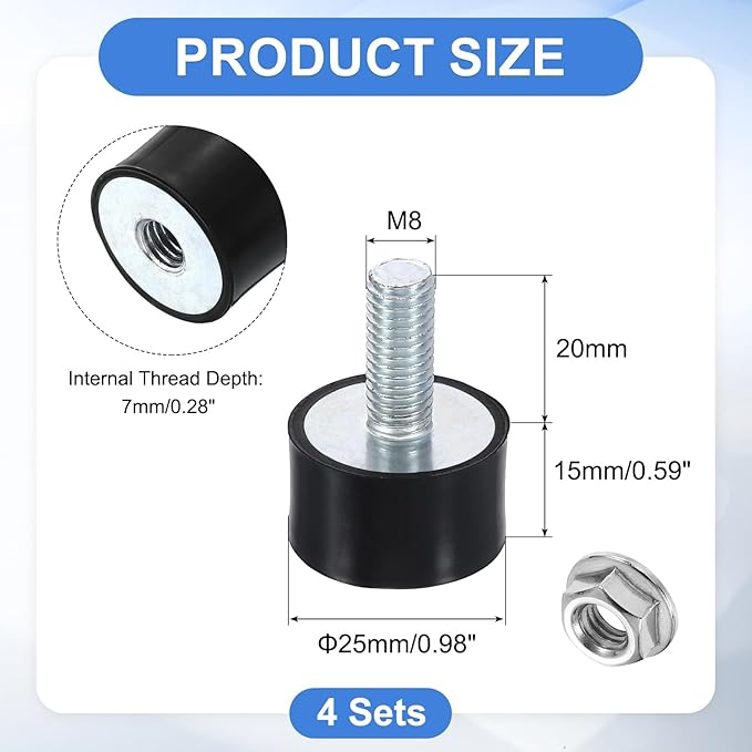 uxcell M8 Rubber Mounts, 4Pcs 24x14mm(DxH) Rubber Cylindrical Anti Vibration Isolator Shock Absorber with Lock Nut for Car Bobbin Generator Air Compressors