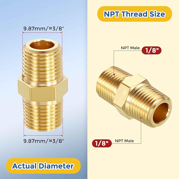 6 Pack Brass Pipe Fittings, 1/8" NPT Male to 1/8" NPT Male Brass Hex Nipple, Male Pipe Adapter Reducer for Air, Oil, LP