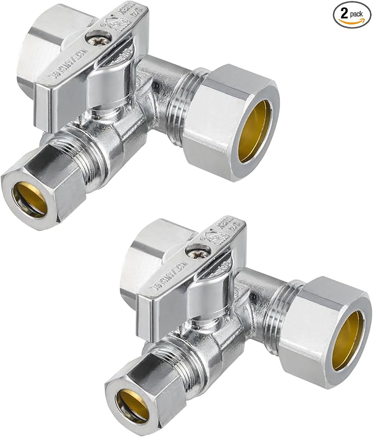 (Pack of 2) EFIELD 1/4-Turn Stop Tee Compression Stop Valve, 1/2" NOM (5/8" OD) x 1/2" NOM (5/8" OD) x 3/8 inch Chrome Plated Brass,(VALVE247-2PCS)