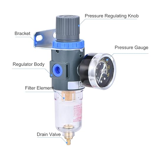 1/4 Inch NPT Air Filter Pressure Regulator, Water-Trap Air Tool Compressor Filter with Gauge