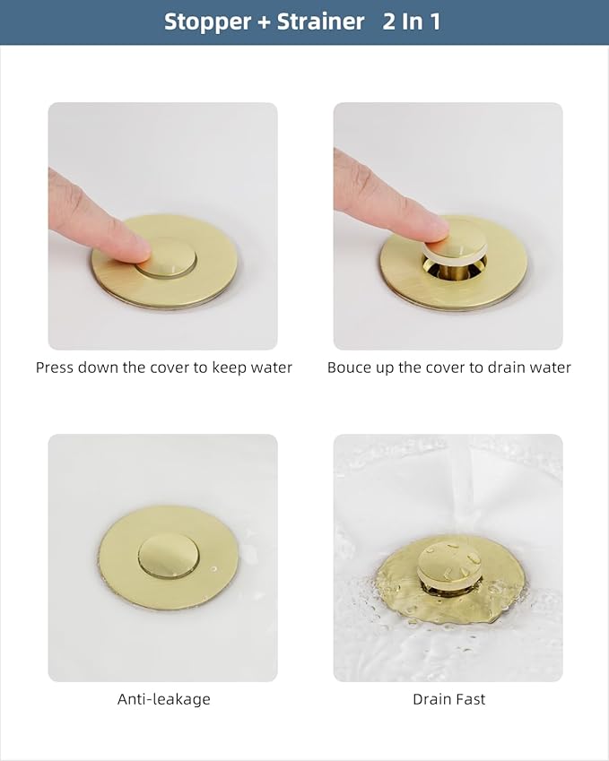 Hibbent All Metal Universal Bathroom Sink Stopper for 1.1''~2.3'' Basin, Pop Up Sink Drain Strainer, Brass Bullet Core Push Type Stopper, Stainless Steel Anti Clogging Drain Filter, Brushed Gold