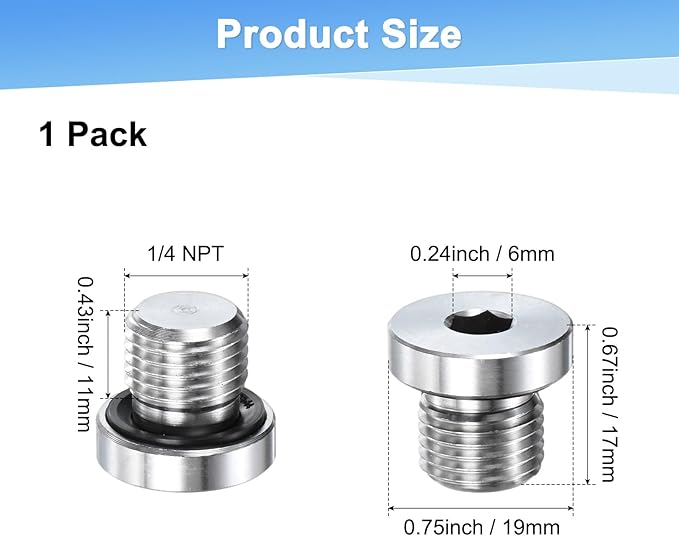 1-Pack Inner Hex Head Pipe Fitting Plug, 1/4 NPT 304 Stainless Steel Socket Bung Plug with Sealing Ring for Terminate Pipe Ends/Replacement Drains