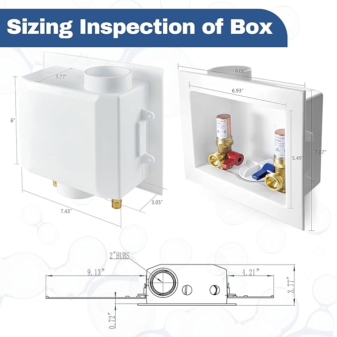 2-PACK GUOFIS Washing Machine Outlet Box with Copper Water Hammer Arrestor, PEX Laundry Washer Box with Central and Side Drain Design(1/2"CPVC Connection Inlet X 3/4"MHT Outlet)(WM014-2Pack)