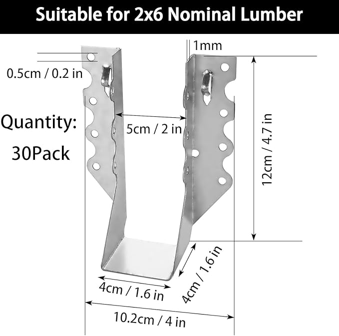 30Pcs 2x6 Joist Hangers for Wood, 18 Gauge Galvanizing Face Mount Joist Hangers, Joist Hanger 2x6 Hurricane Ties Brackets for Rafters for Floor Deck, Ceiling Joists, Wood, Roofs