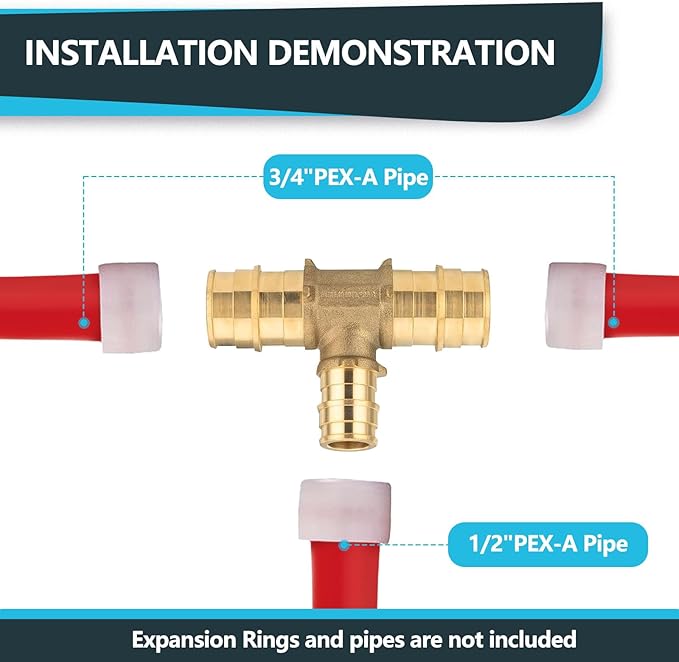 (10-Pack) Seelink PEX-A Fitting, 3/4" x 3/4" x 1/2" Expansion Tee, Brass Fittingg Tee, ASTM F1960(PEX1960120)