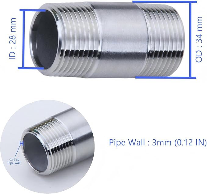 CONSTELLAR 304 Stainless Steel Pipe Fitting - 1" NPT Male x 1" NPT Male Threaded Thickened Pipe Wall, 200mm (8 inch) Length Heavy Nipple Seamless Pipe (1 Pcs)