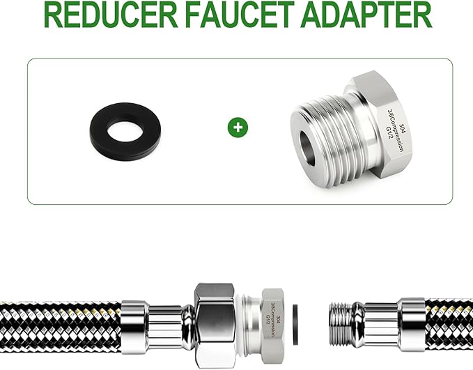 TAISHER 5PCS 304 Stainless Steel Reducer Water Hose Adapter 1/2" G Thread (BSP) × 3/8" Compression Pipe Fitting for kitchen bathroom faucet supply line adapter with rubber gasket