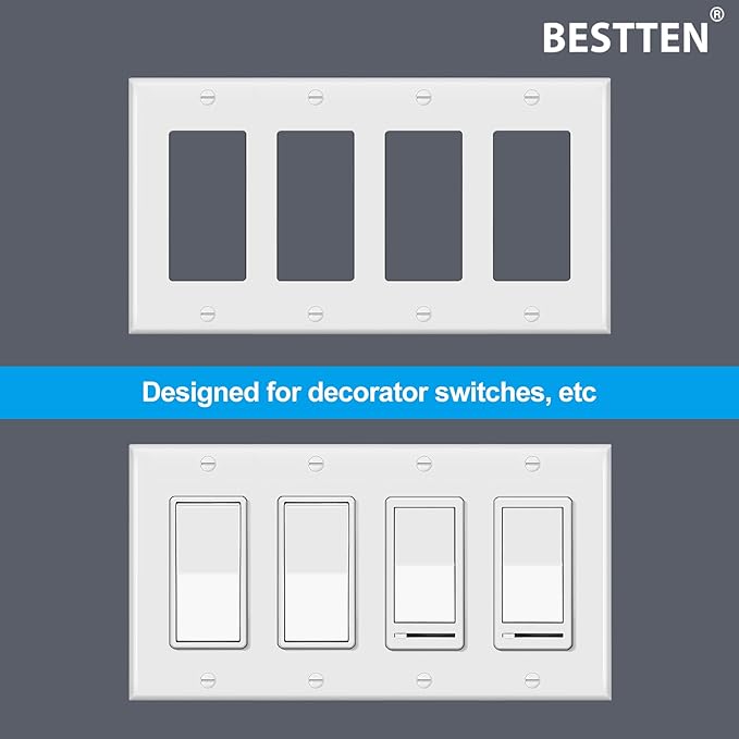 [2 Pack] BESTTEN 4 Gang Decor Wall Plate, Standard Size Unbreakable Polycarbonate Outlet and Switch Cover, H4.53” x W8.23”, UL Listed, White