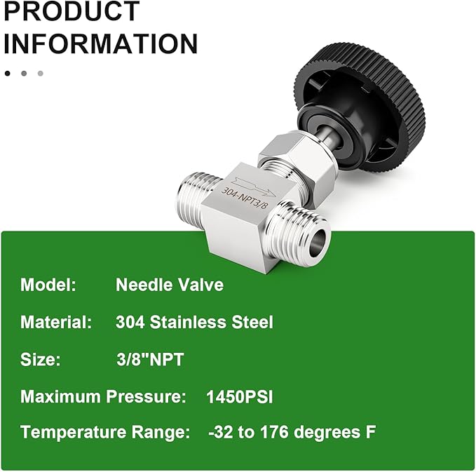 TAISHER 1PCS 304 Stainless Steel Straight Needle Valve 3/8" NPT Male For Flow Control Water Gas Oil