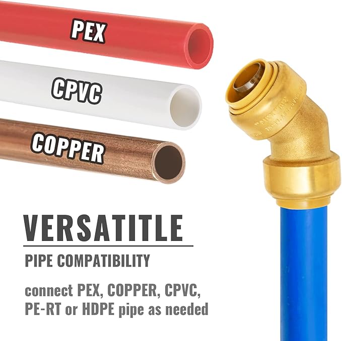 SUNGATOR 3/4 Inch 45 Degree Elbow, No Lead Brass Push to Connect Plumbing Fittings to Connect PEX Pipe, Copper, CPVC, PE-RT, with 1 Disconnect Clip, Pack of 6