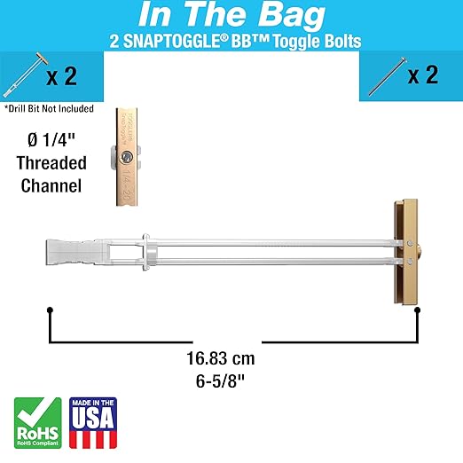 TOGGLER SNAPTOGGLE BB Toggle Anchor with Bolts, Zinc-Plated Steel Channel, Made in US, 3/8" to 3-5/8" Grip Range, for 1/4"-20 UNC Fastener Size (Pack of 2)