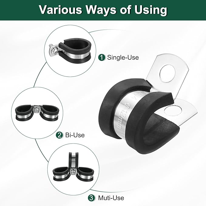 uxcell 1/2"(12mm) Cable Clamp, 304 Stainless Steel Rubber Cushioned Insulated R Shape Metal Clamp Tube Holder for Pipe Hose Wire Cord Installation 12Pcs