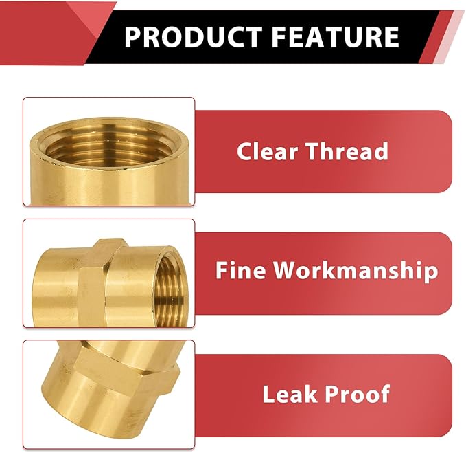 (Pack of 2) EFIELD 3/8" x 3/8" Female NPT Coupling, Soild Brass Hex Nipple Brass Pipe Fittings,(NPT070)