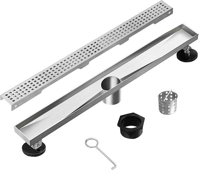 Linear Shower Drain, Shower Drain 32 inch with Removable Grate Cover, Professional AISI 304 Stainless Steel Shower Floor Drain, Linear Drain with Hair Catcher and Leveling Feet