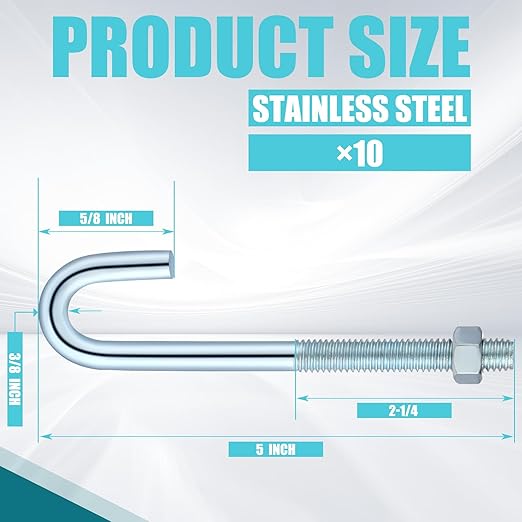 10 Pcs Anchors Bolts 3/8-16 x 5 Inches Concrete J Bolts Cement Post Anchor Bolts Fastener with Nut Washer Bracket Outdoor Hardware for Concrete Pad Pouring Wood Projects (Galvanized Steel)