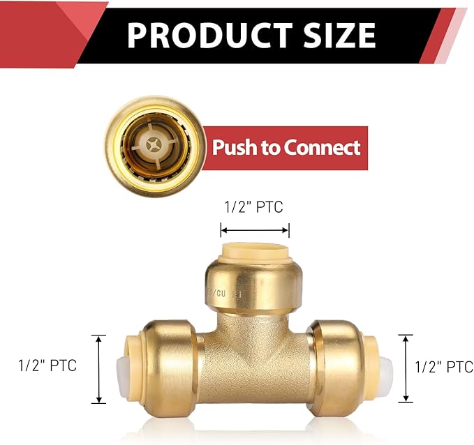 EFIELD Push-Fit Fitting 1/2" Tee to Connect Pex, Copper, CPVC Pipe with a Disconnect Tool Clip,(PF118)