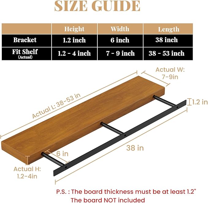 Floating Shelf Bracket Heavy Duty Shelving Brackets,Decorative Floating Shelf Hardware Black,Hidden Metal Shelf Support Bracket(38X6X1.2-Starter Jig)