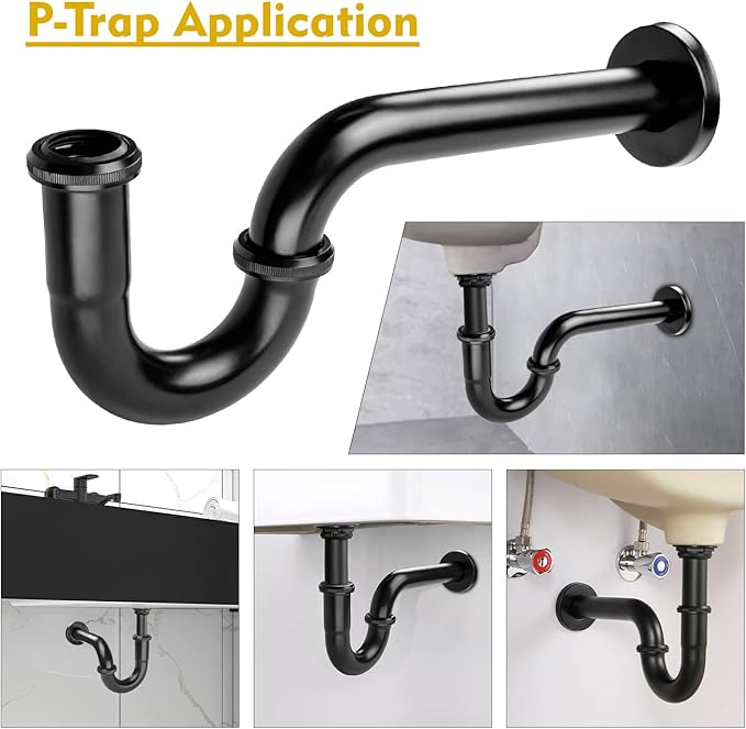 Stainless Steel P-Trap - 1 1/4 Inch Bathroom Basin Sink Waste Trap with Reducing Washer, Matte Black