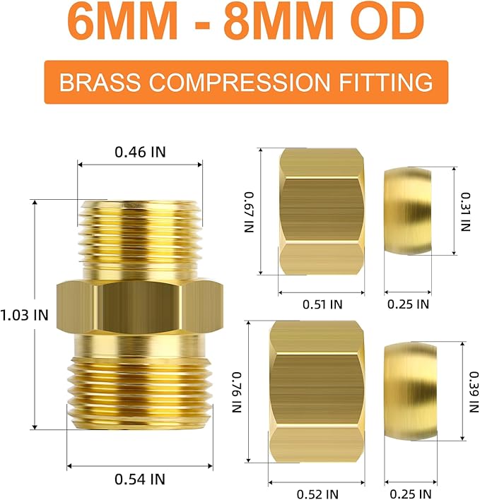 GASHER 5PCS Brass Compression Tube Pipe Fitting Connector, 6mmx8mm Tube OD Connector