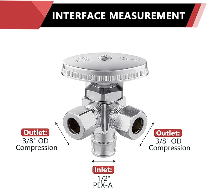 (Pack of 10) EFIELD Dual Outlet Angle Stop Valve, Multi-Turn, 1/2" Expansion F1960 Pex-a Pipe Inlet x (3/8 inch x 3/8 inch) Compression Outlet,(VALVE066-10PCS)