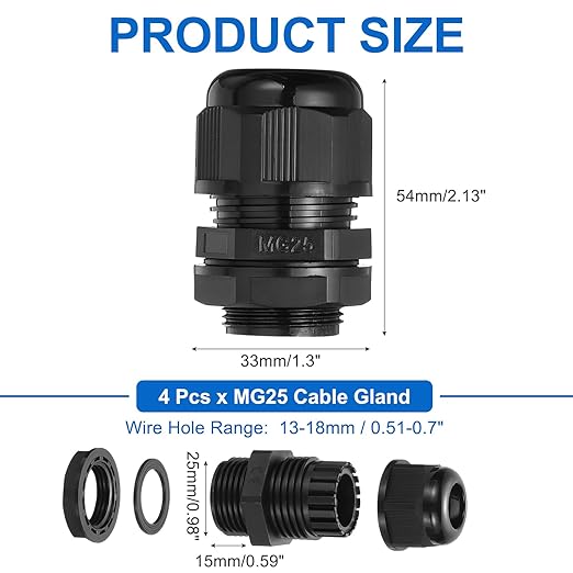 MECCANIXITY 4 Pcs M25 Cable Gland, 13-18mm Wire Hole Waterproof Nylon Joint for Cable Fixing, Wiring, Repairing, Gland Replacement, Electrical Appliances, Black