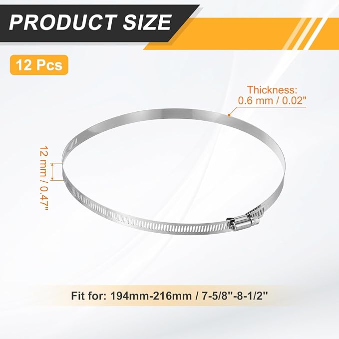 HARFINGTON 12 Pcs Hose Clamp 7-5/8"-8-1/2" (194-216mm) 304 Stainless Steel Adjustable Worm Gear Hose Clamp Assortment Kit for Fuel Line Pipe Plumbing Automotive Tube Mechanical