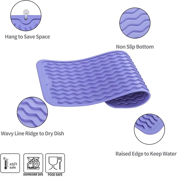 Silicone Dish Drying Mat for Multiple Usage,Easy clean,Eco-friendly,Heat-resistant Silicone Mat for Kitchen Counter,Sink,Bar,Bottle,or Cup Light Purple M 17 inches x 6 inches