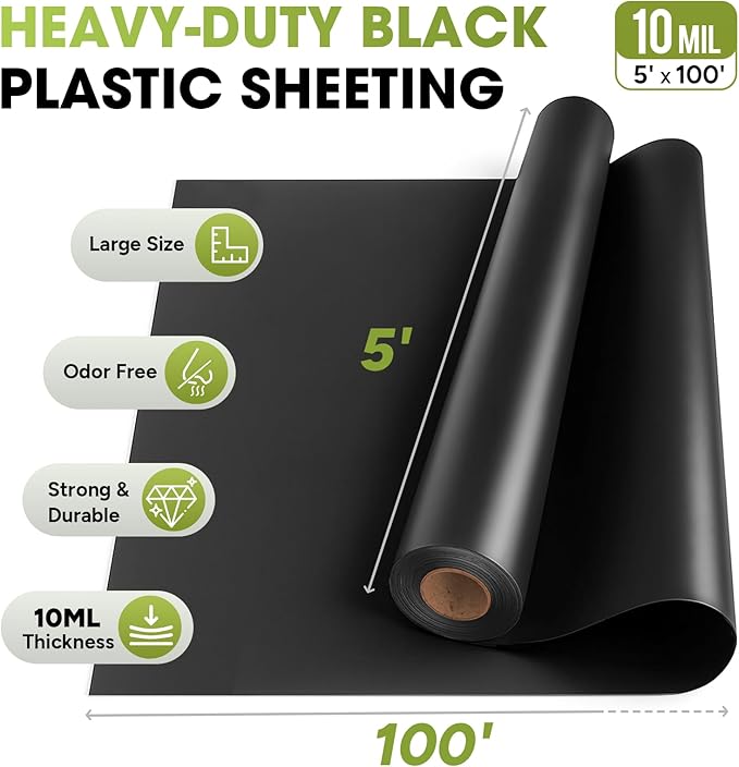10 Mil Black Plastic Sheeting 5x100 FT – Heavy Duty Polyethylene Plastic Rolls for Garden, Black Plastic Rolls for Crawl Space Vapor Barrier, Construction, Landscaping, Weed and Moisture Control