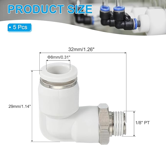 PATIKIL Push to Connect Fitting, 5 Pack Pneumatic Air Elbow Quick Connector 1/8"PT Male Thread x 8mm Tube 90 Degree Connect Tubing Elbow Air Tube Fitting Pneumatic Quick Adapter, White